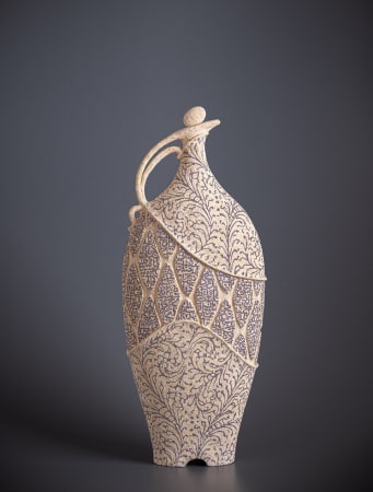 Ceramic vessel by ceramist Avital Sheffer, from Israel and New South Wales, Australia. Hand built earthenware vessel with intricate blue details. Contemporary, sculptural and voluptuous artwork with middle eastern influence.