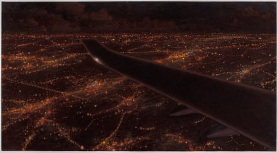 Robert Brownhall, oil on canvas, painting in red of a city skyline, plane view. Realism.