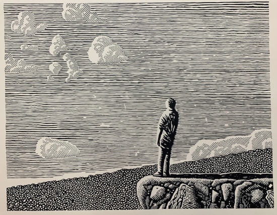 Linocut by Australian printmaker David Frazer, standing man in sunshine