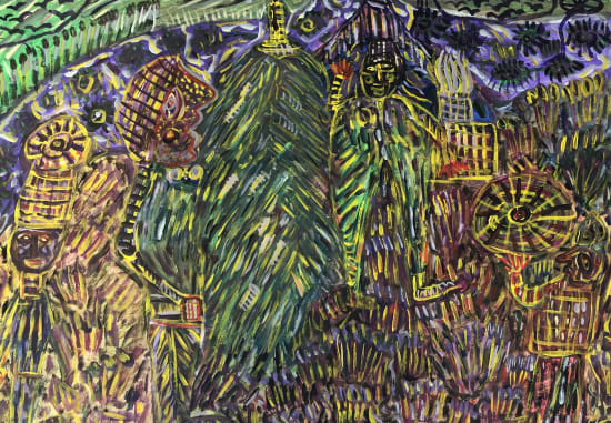 gouache paint on paper by Shafique Uddin of a tree during a celebration available at Rebecca Hossack Art Gallery