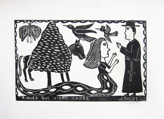 Black and white Girl turned Cobra woodcut on paper by José Borges. Represented by Rebecca Hossack Gallery. 
