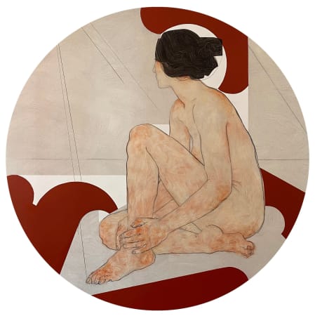 Nikoleta Sekulovic, oil stick, graphite, and acrylic on canvas. Female nude sat on William Morris background, work has similarities with Egon Schiele and studies by Gustav Klimt. Contemporary take on odalisque portraiture.