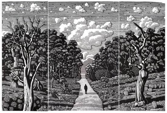Triptych linocut by Australian artist David Frazer using hand-printing techniques