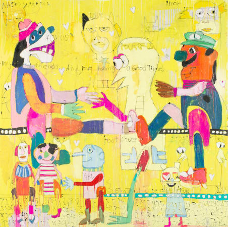 Spanish artist Mersuka Dopazo's collage of popular culture characters Goofy and Luigi from hand-made natural papers and couture fabric in pink and yellow colour 
