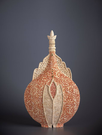 Ceramic vessel by ceramist Avital Sheffer, from Israel and New South Wales, Australia. Hand built stencilled earthenware vessel with a detailed red pattern. Contemporary artwork with middle eastern influence.
