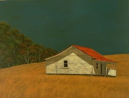 Australian artist David Frazer, oil on linen painting of Red-Roofed isolated home in wheatfield, landscape