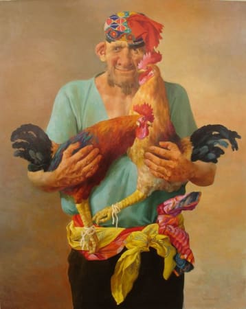 multi-colour oil painting of a man with chickens by artist Bakhtiyor Umarov represented by Rebecca Hossack Gallery