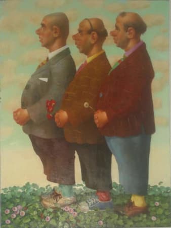 multi-colour oil painting of three men in suits by artist Bakhtiyor Umarov represented by Rebecca Hossack Gallery