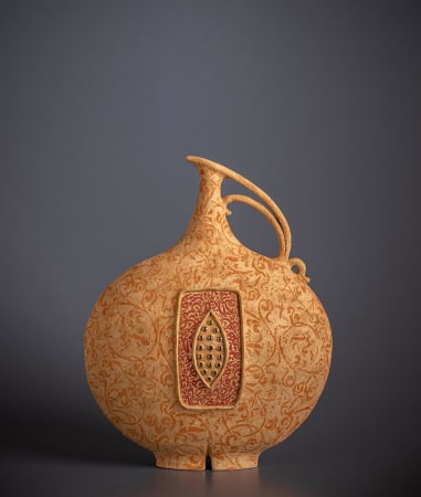 Ceramic vessel by ceramist Avital Sheffer, from Israel and New South Wales, Australia. Hand built stencilled earthenware vessel in warm orange color and red details. Contemporary artwork with middle eastern influence.