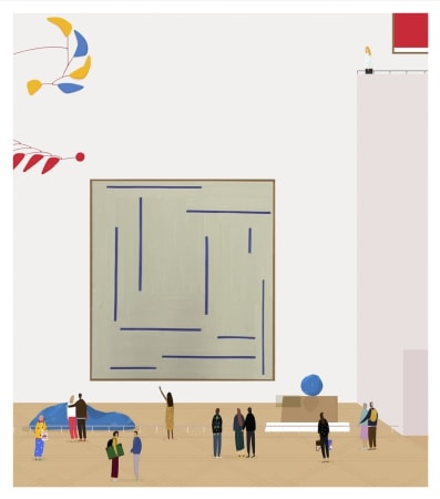 British artist Rose Blake's hand-finished print of museum/gallery-scape with a blue line artwork 