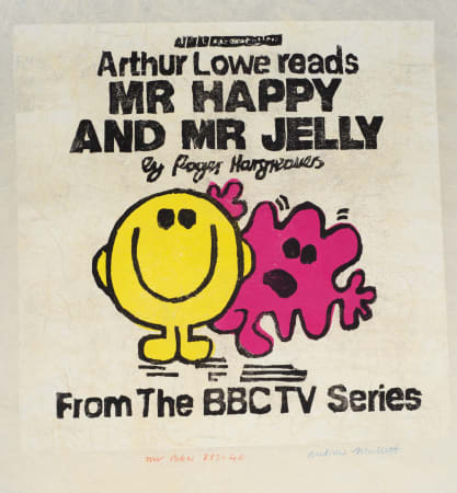 Mr. Happy and Mr. Jelly Yellow and Pink Cartoon print by artist Andrew Mockett represented by Rebecca Hossack Gallery