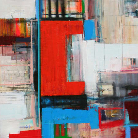 Danish artist Morten Lassen's expressive abstract painting in oil on canvas with bold blue and red colour and texture 