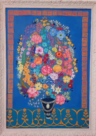 Dark Blue Oil Paintings of Colourful Flowers in Vase by Hepzibah Swinford. Represented by Rebecca Hossack Gallery. 