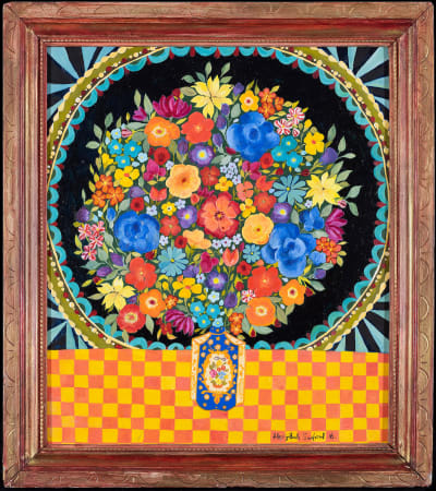 Hepzibah Swinford, colourful bouquet of flowers on checkered orange and yellow table. 
