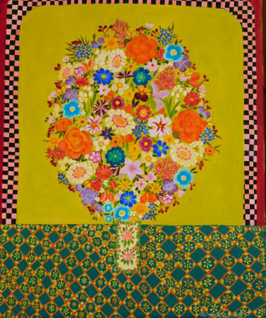 Yellow-Orange toned painting of Flowers & Vase. Oil Painting by Hepzibah Swinford. Represented by Rebecca Hossack Gallery.