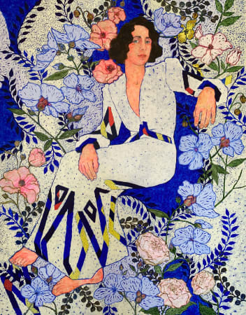 Nikoleta Sekulovic, elegant seated woman adorning a patterned dress surrounded by flowers