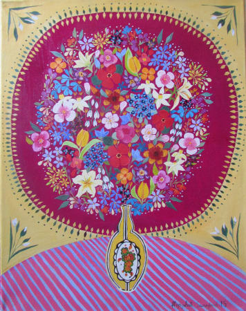 Pink and Beige flower patterns surrounding Pink-toned Flowers in Vase. By Hepzibah Swinford. Represented by Rebecca Hossack Gallery. 