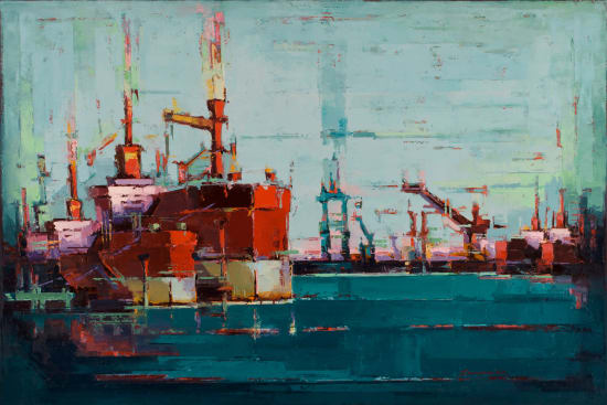 Two red boats leaving the port, painting by Tilemachos Kyriazatis, available at the Rebecca Hossack Art Gallery. 