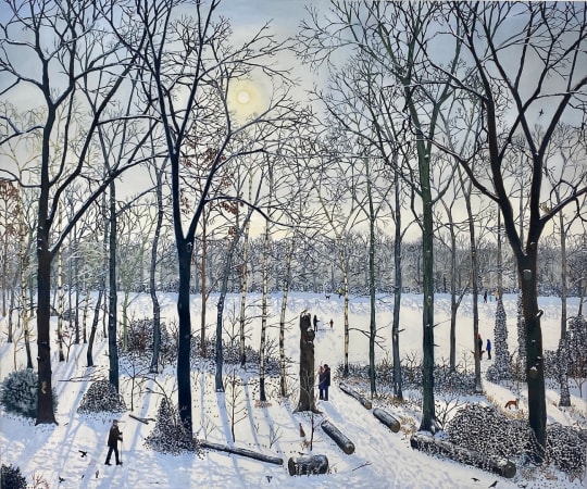 British female painter Emma Haworth winter snow scene, Lowry, woodland, oil, wax and marble dust on canvas.
