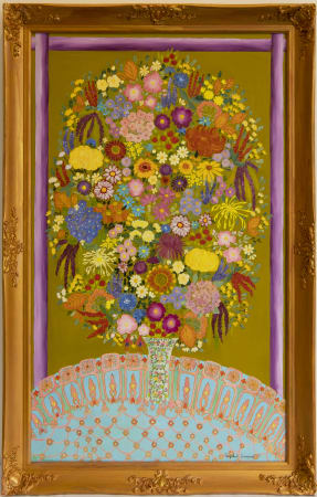 Brown-toned oil painting of Flowers in vase. By Hepzibah Swinford. Represented by Rebecca Hossack Gallery.