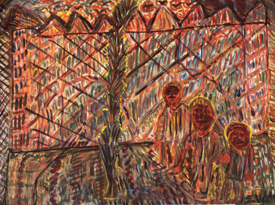gouache paint on paper by Shafique Uddin of tree men standing in front of a large red building available at Rebecca Hossack Art Gallery