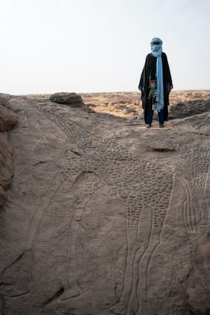 Raphael Avigdor, man with rock art of a giraffe in the Sahara desert