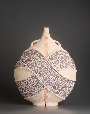 Ceramist Avital Sheffer, from Israel and New South Wales, Australia. Hand-built stone and blue ceramic vase. Earthenware vessel with middle eastern influence.