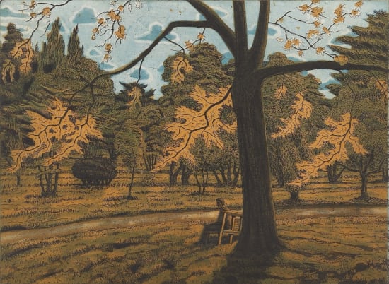 Etching by Australian artist David Frazer, Man on a bench in a park with trees