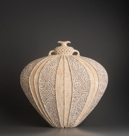 Ceramist Avital Sheffer, from Israel and New South Wales, Australia. Hand built stencilled earthenware in neutral color with blue details. Contemporary sculptural artwork with middle eastern influence. 