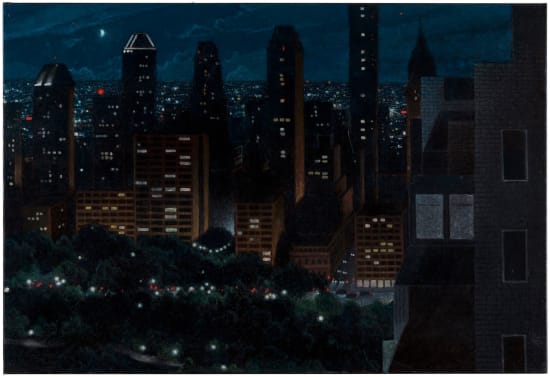 Robert Brownhall oil on canvas, painting of Central Park at night. Realism.