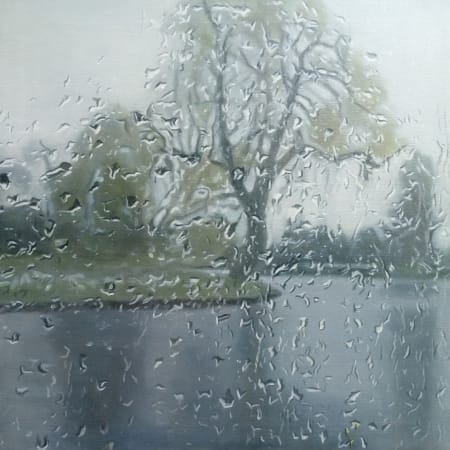 Dutch artist Esther Nienhuis, oil on linen landscape with greenery through rain spotted window