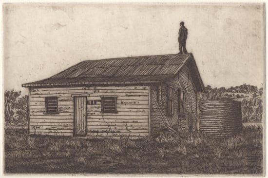 Etching by the Australian artist David Frazer, Dark lonely house with man on roof
