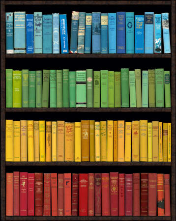 red, yellow, green, blue Bookshelf print by artist Phil Shaw represented by Rebecca Hossack Gallery