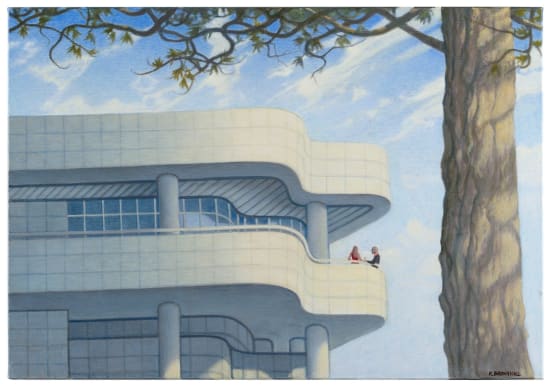 Robert Brownhall oil on canvas, painting of a couple on the balcony of The Getty. Realism.