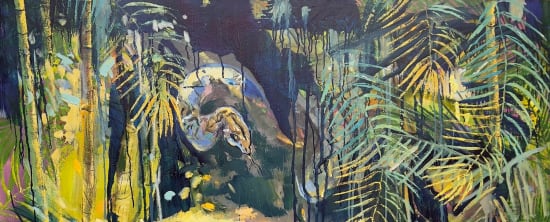 Sophie Walbeoffe painting of a snake in the jungle, available at the Rebecca Hossack Art Gallery.