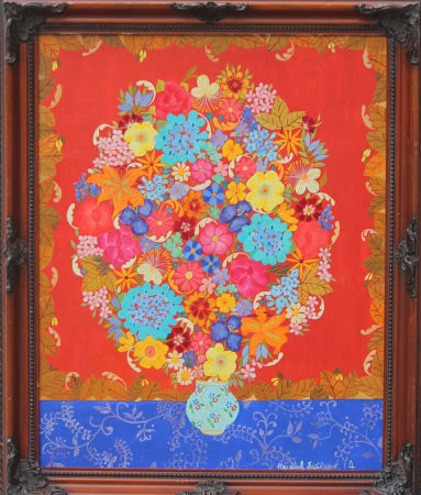 Colourful Autumn Flowers oil painting on Red Board by Hepzibah Swinford. Represented by Rebecca Hossack Galllery