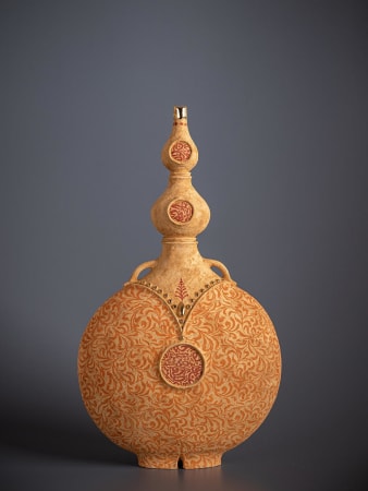 Ceramic vessel by ceramist Avital Sheffer, from Israel and New South Wales, Australia. Hand built stencilled earthenware vessel in warm orange color with red details. Contemporary artwork with middle eastern influence.