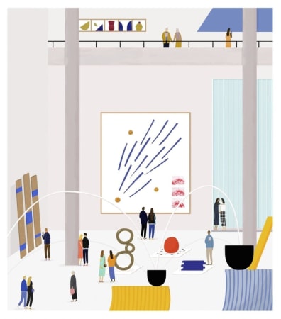 British artist and illustrator Rose Blake's hand-finished print of museum/gallery scape with blue line artwork