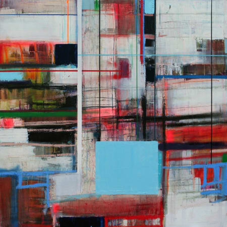 Danish artist Morten Lassen's expressive abstract painting in oil on canvas with bold blue and red colour and texture 