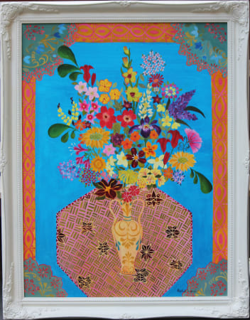 Cerelion Colourful flowers depicted on a blue-themed background with patterned painted frame. Oil Painting by Hepzibah Swinford. Represented by Rebecca Hossack Gallery. 