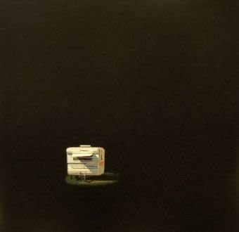 Australian artist David Frazer, oil on linen painting of white caravan in darkness  