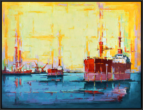Tilemachos Kyriazatis greek artist painting bright colourful ships in harbors scenery open sea  in oil paint on canvas 