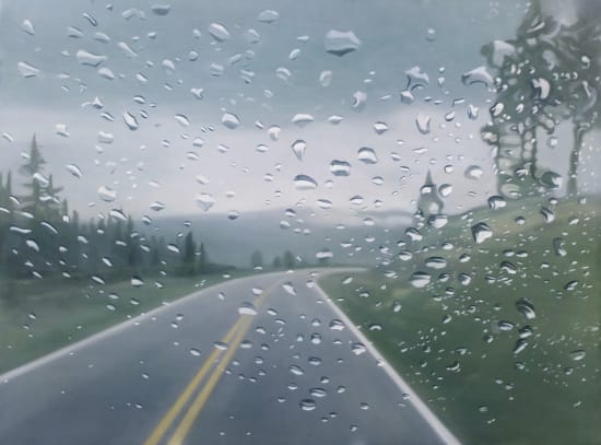Dutch artist Esther Nienhuis, hyperreal oil painting on linen, landscape with road through rain spotted window 