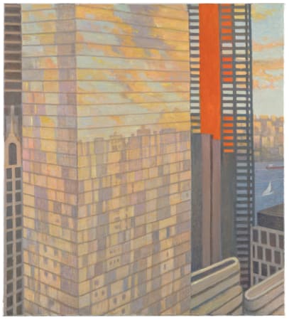 Robert Brownhall oil on canvas, painting of sunset reflection on skyscraper. Realism.