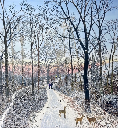 British female painter Emma Haworth, oil painting of snowy winterwoodland scene 