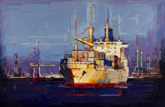 Painting by Tilemachos Kyriazatis of a golden boat next to a port, available at the Rebecca Hossack Art Gallery.