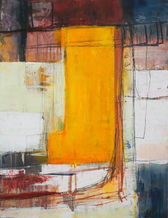 Danish artist Morten Lassen's expressive abstract painting in oil on canvas with geometric orange and yellow colour and texture