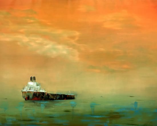 oil on linen by Anne Penman Sweet of a boat at sea at sunset available at Rebecca Hossack Art Gallery