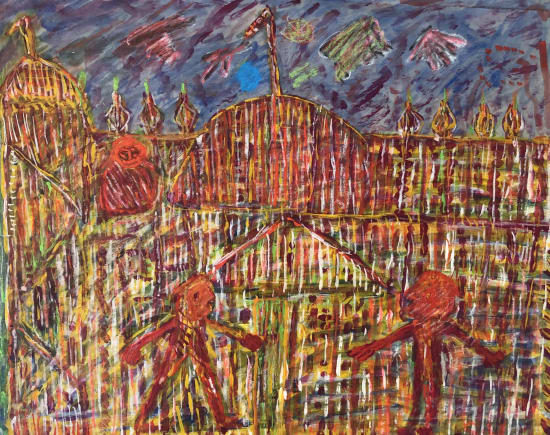 gouache paint and crayon on paper by Shafique Uddin of two red figures in front of a red Temple available at Rebecca Hossack Art Gallery