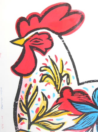 Chick, Rooster print by artist Andrew Mockett represented by Rebecca Hossack Gallery